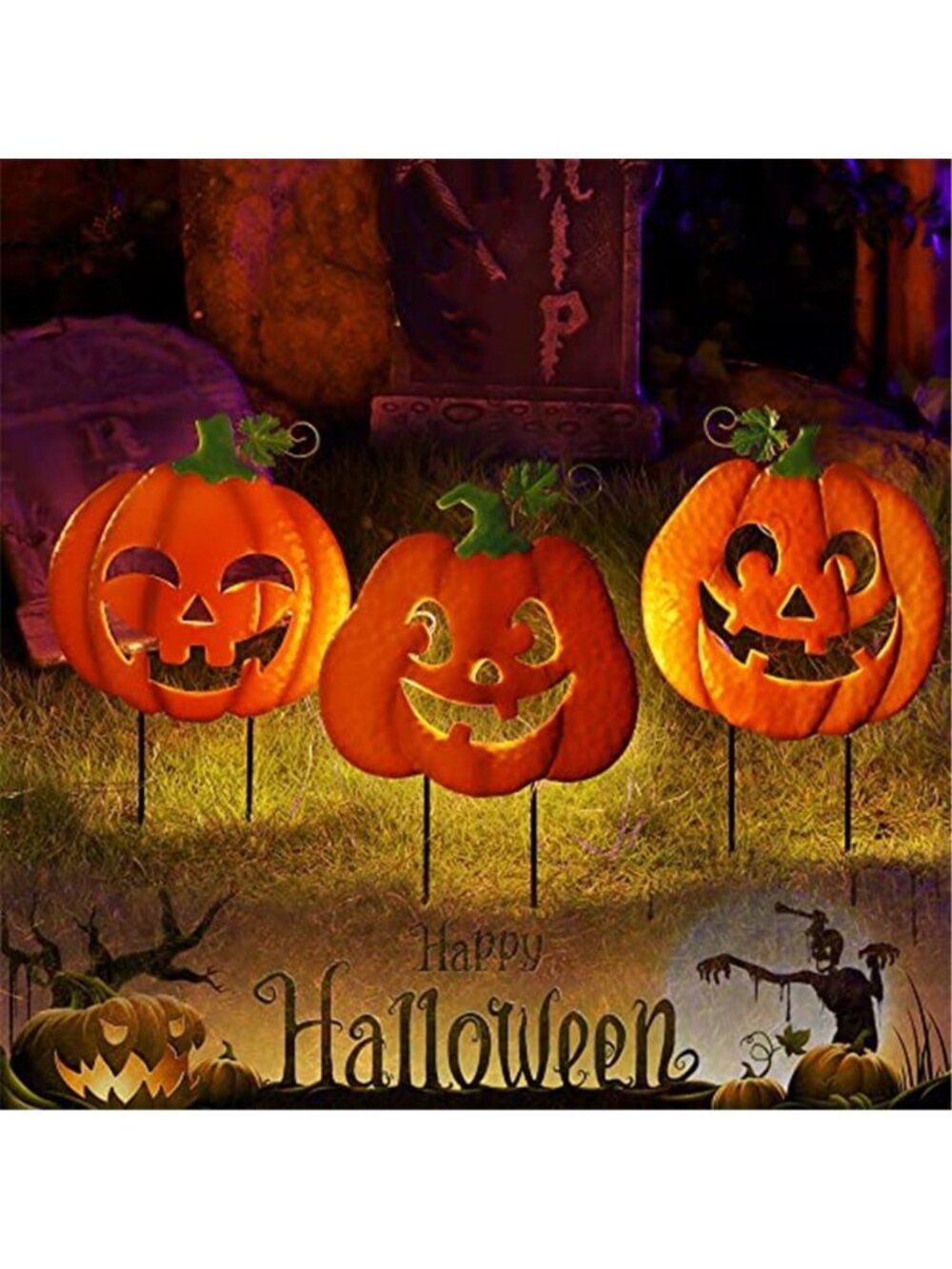 3 Pack Halloween Lighted Pumpkin Garden Stakes, Metal Jack-o-Lantern